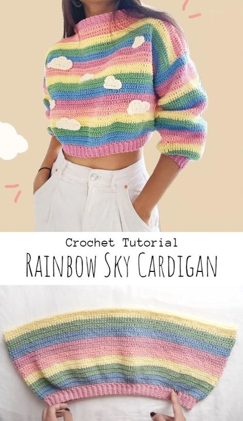 Crochet Rainbow Sky Cardigan Cute Crochet Clothes Sweaters & Cardigans, Rainbow Crochet Sweater Pattern, Crochet Rainbow Sweater Pattern, Rainbow Yarn Crochet Projects, Crochet Rainbow Clothes, Rainbow Cardigan Crochet Pattern, Rainbow Cardigan Knitting Pattern, Crochet With Rainbow Yarn, Rainbow Cardigan Crochet