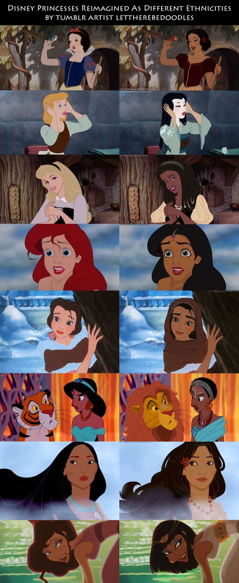 Disney Princesses Reimagined As Different Ethnicities by Tumblr artist lettherebedoodles Racebent Disney Princesses, Disney Princesses As Villians, Disney Princess Reimagined, Disney Princesses As Moms, Disney Princess Warriors, Forgotten Disney Princesses, Disney Reimagined, Disney Princesses Reimagined, Different Ethnicities