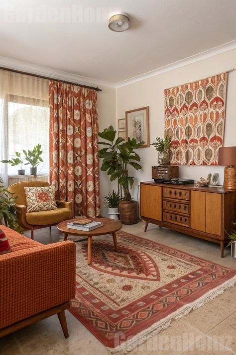 Learn the secrets to recreating the ultimate 70s living room,  #70sDecor #RetroLivingRoom #GroovyVibes #VintageHome #FlowerPower #HomeDecor #InteriorDesign #SeventiesStyle #MidCenturyModern #HomeInspo🌼✌️ 70’s Decor, 70s Living Room, Retro Living Rooms, Seventies Fashion, Midcentury Modern, Flower Power, Vintage House, Interior Design, Living Room