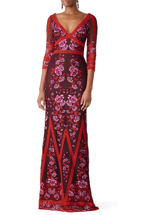 Rent Wine Floral Lace Gown by Marchesa Notte for $150 - $155 only at Rent the Runway. Marchesa Dresses, Magenta Dress, Purple Cocktail Dress, Floral Gown, Crochet Lace Trim, Guipure Lace, Rent The Runway, Mom Dress, Marchesa