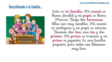 A simple description of a family in Spanish... This is part of the video about the family that we created for this lesson... you can check the pronunciation there. Buen día :) Family In Spanish, Spanish 101, Common Adjectives, Spanish Adjectives, Listening Activities, Spanish Lesson Plans, Spanish Verbs, Spanish Teaching Resources, Elementary Spanish