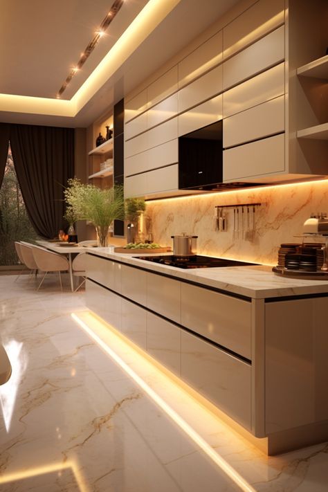 Transform your kitchen into a realm of luxury with cream marble and stylish neon lights, embodying a high-end and classy aesthetic White Beige Kitchen Modern, Beige Colour Kitchen, Cream And Gold Kitchen, Light Beige Kitchen, Beige And White Kitchen, Champagne Kitchen, Kitchen Ideas Luxury, बेडरूम डिजाइन, Golden Kitchen