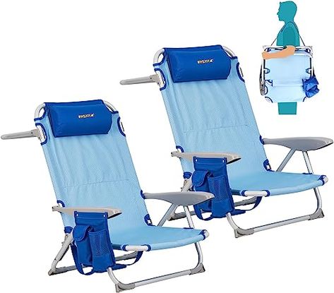 4-Position Aluminum Folding Beach Chairs for Adults with Headrest Carry Strap Cup Holder Side Pocket for Outdoor Camping Lawn Backpack Beach Chair, Folding Beach Chair, Beach Necessities, Beach Items, Cubby Houses, Head Pillow, Outdoor Picnic Tables, Beach Chair, Rack Design