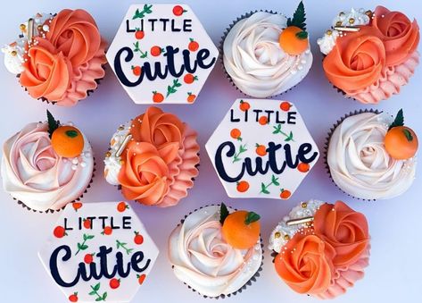 little cutie baby shower cupcakes Cutie On The Way Cupcakes, Cutie Orange Baby Shower Theme Cake, Little Cutie Cupcakes, Cuties Cupcakes, Little Cutie Baby Shower Ideas, Cutie Theme, Bridal Shower Signage, Cutie Is On The Way, Gender Reveal Cupcakes