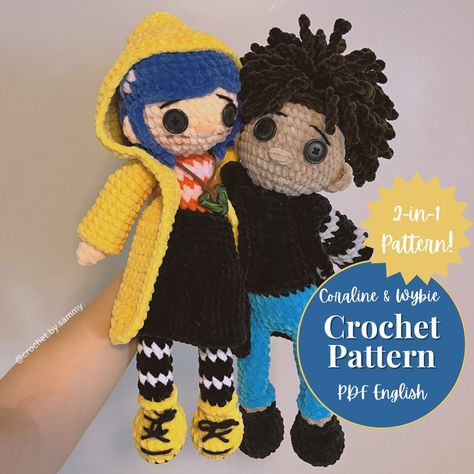 This is a PDF pattern ONLY - not a physical plushie!! NO REFUNDS OR EXCHANGES.  Pattern is written in US English terminology. Included in the instant download are instructions on how to make both Coraline & Wybie; complete with her infamous raincoat and his cotton candy :) Coraline's Squid: a FREE pattern for her cute friend is available on my Instagram (@crochet.by.sammy), or you may purchase a PDF version from my shop. The finished doll is approximately 14" inches tall using Premier Parfait Ch Crochet Mystery Machine, Crochet Wybie Doll, Caroline Crochet Free Pattern, Lock Shock And Barrel Crochet Patterns, Crochet Plushies With Normal Yarn, Crochet Korn Doll, Coraline Octopus Crochet Pattern Free, Coraline Doll Crochet Free Pattern, Crochet Surgery