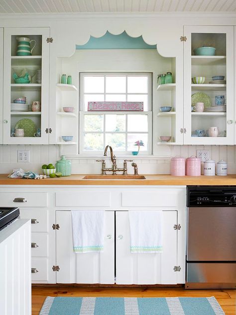 Vintage-inspired hardware and sweet pastels give this kitchen charming cottage style. More kitchen cabinets: http://www.bhg.com/kitchen/cabinets/styles/kitchen-cabinets-in-white/?socsrc=bhgpincottagewhite&page=6 Shabby Chic Decorating, Chic Kitchen Decor, Cottage Kitchen Design, Pastel Kitchen, Shabby Chic Kitchen Decor, Interior Vintage, Cottage Kitchens, Chic Kitchen, Kitchen Decorating