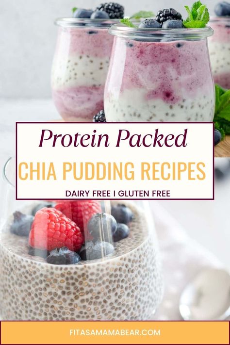 6 Protein Chia Pudding Recipes (Dairy Free!) Protein Pudding Recipes, High Protein Chia Pudding, Chia Protein Pudding, Protein Chia Pudding, Recipes Dairy Free, Protein Pudding, Chia Pudding Recipes, Chia Seed Pudding, Chia Pudding