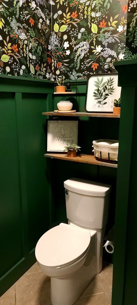 Green Toilet Wallpaper, Potty Room Wallpaper, Half Bath Eclectic, Quirky Wallpaper Bathroom, Green Wallpaper Toilet Room, Green Wallpaper Toilet, Dark Small Half Bath, Emerald Green Toilet Room, Wallpaper For Small Toilet Room