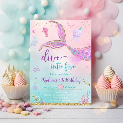 Dive Into 5 Birthday Party Girl, 5th Mermaid Birthday Party, Five Birthday Party Ideas Girl, 5th Girl Birthday Party Themes, 5th Birthday Themes Girl, Girls 5th Birthday Themes, Dive Into Five Birthday Girl, Girl 5th Birthday Party Themes, Five Birthday Theme