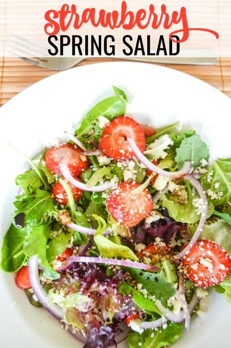 This easy strawberry salad recipe combines salty and sweet in an explosion of flavor. If you're looking for a spring mix salad that's perfect for spring and summer, you'll have to check out this easy salad recipe. #saladrecipes #easyrecipes #strawberries Easy Strawberry Salad Recipe, Easy Strawberry Salad, Spring Mix Salad Recipes, Strawberry Salad Recipe, Mix Salad, Spring Mix Salad, Spring Salad Recipes, Caesar Salad Recipe, Easy Dinner Recipes Crockpot