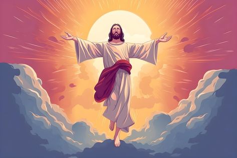 Jesus standing on the clouds | Premium Photo #Freepik #photo #ascension-day #ascension #jesus-risen #risen Jesus Risen Art, Jesus Risen Pictures, Plate Reference, Jesus Christ Risen, Jesus Risen, Jesus 2024, Jesus Cross Wallpaper, Risen Jesus, Jesus Has Risen