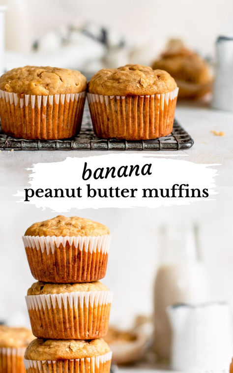 close up of muffins next to each other Healthy Peanut Butter Muffin Recipes, Banana Muffins Peanut Butter, No Butter Banana Muffins, Apple Peanut Butter Muffins, Blender Banana Oatmeal Muffins, Healthier Banana Muffins, What To Do With Overripe Bananas, Peanut Butter Banana Bread Muffins, Peanut Butter Oat Muffins