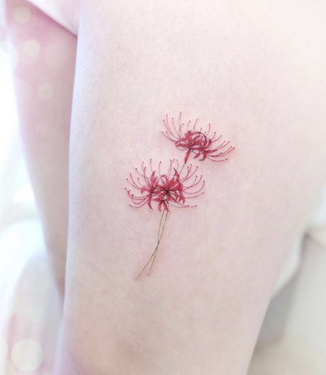 Spider Lily Tattoo Design Black, Simple Spider Lily Tattoo, Spider Lilly Tatoos Black, Spider Lilly Tatoos Tokyo Ghoul, Spider Lily Tattoo Thigh, Higanbana Art, Spider Lily Tattoo Black, Blue Spider Lily Tattoo, Red Lily Tattoo