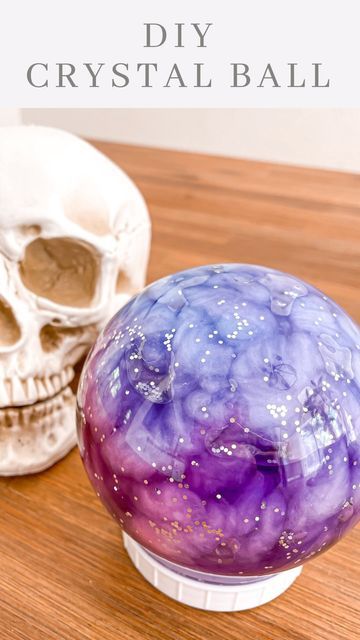 Snow Globe Crystal Ball, Galaxy Snow Globe Diy, Diy Magic Crystal Ball, Diy Halloween Snow Globe, Crystal Ball Halloween Decoration, Dollar Tree Globe Crafts, Glitter Globe Diy, Diy Water Globe, Dollar Tree Crystal Ball Diy