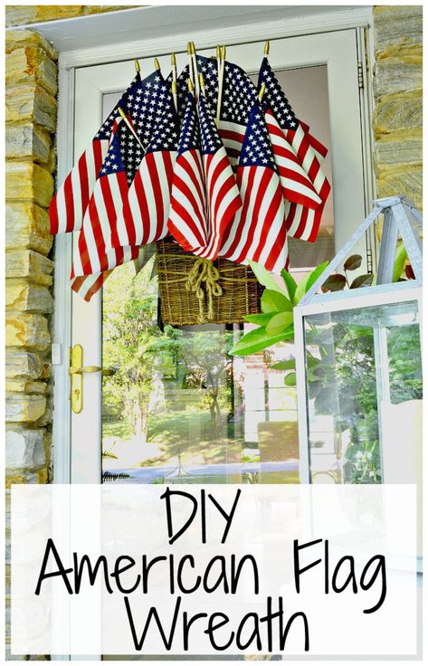 How to make an American flag wreath to display for Memorial Day and Fourth of July holidays. So easy to put together in minutes. #flagdisplay #flagwreath #fourthofjulydecor #memorialdaydecor #patrioticfrontdoordecor #flagfrontdoordecor Diy Memorial Day Crafts, Memorial Day Decorations Outdoor, Patriotic Front Door Decor, Diy American Flag, Front Door Baskets, American Flag Wreath, Burlap Wreath Diy, Flag Wreath, Memorial Day Wreaths