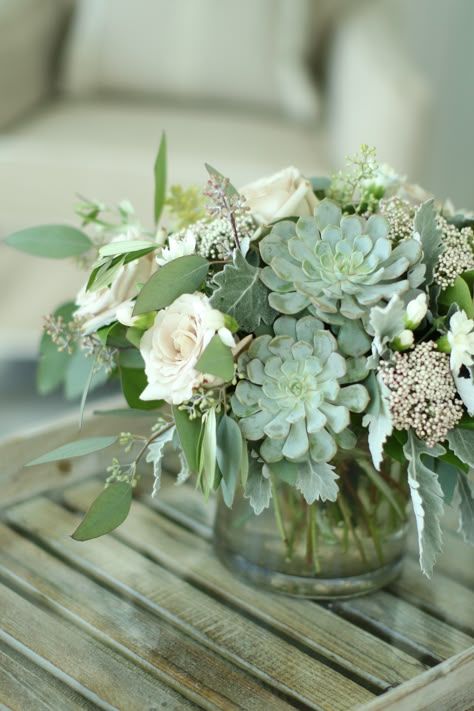 Centerpieces With Succulents And Flowers, Succulent And Rose Arrangements, Roses And Succulents Centerpieces, Floral Arrangements With Succulents, Flower Arrangements With Succulents, Sage Flower Arrangements, Succulent And Flower Arrangements, Succulent Floral Arrangements, Eucalyptus Party Decor