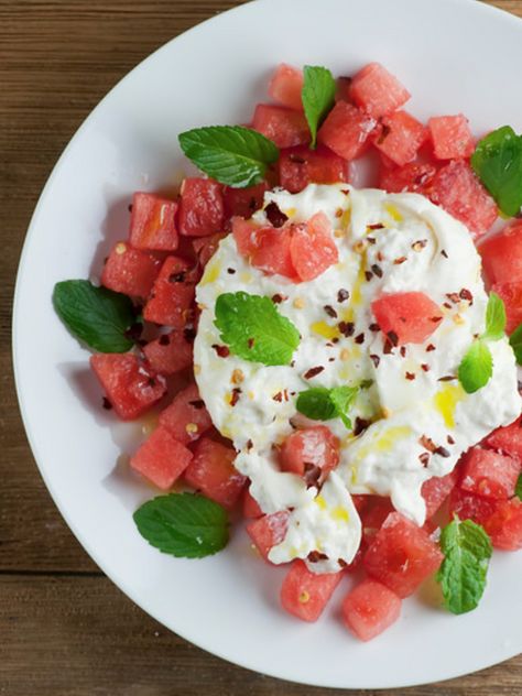 Recipe: Watermelon burrata salad | More at NorthJersey.com/food #recipe #watermelon #watermelonsalad #burrata #salad #summerfood #bbq #potluck Watermelon Caprese, Watermelon Caprese Salad, Salad With Burrata, Burrata Recipe, Aphrodisiac Foods, Crispy Prosciutto, Burrata Salad, Vacation Meals, Watermelon Salad