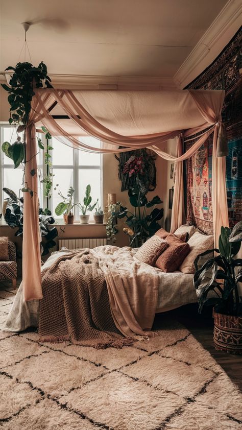 Tapestry In Room Aesthetic, Boho Bedroom With Canopy Bed, Boho Bed Canopy Bohemian Style, Plant Canopy Bed, Canopy Bed With Plants, Boho Canopy Bedroom, Canopy Bed Ideas Aesthetic, Canopy Bed Boho, Bed Canopy Aesthetic