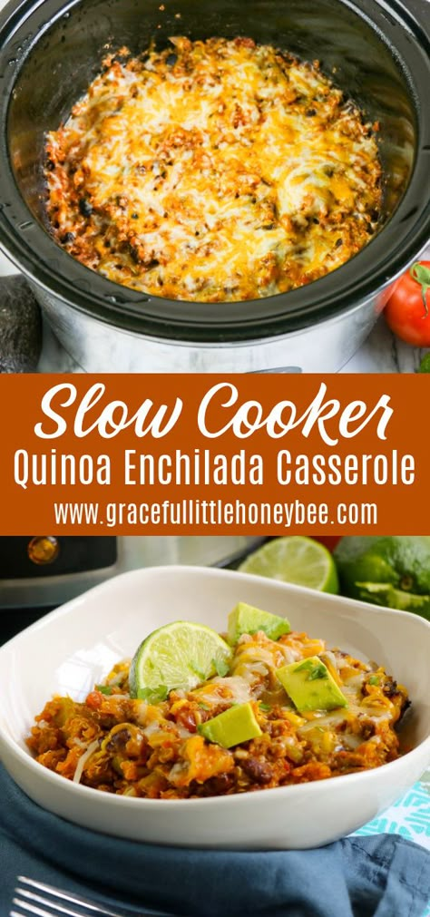 Try this Slow Cooker Beef & Quinoa Enchilada Casserole for a healthy and filling meal that the whole family is sure to love. Find full recipe details at gracefullittlehoneybee.com Organic Crockpot Meals, Crockpot Enchilada Casserole, Quinoa Enchilada Casserole, Quinoa Enchilada, Slow Cooker Quinoa, Ground Beef Crockpot Recipes, Slow Cooker Ground Beef, Slow Cooker Enchiladas, Slow Cooker Casserole