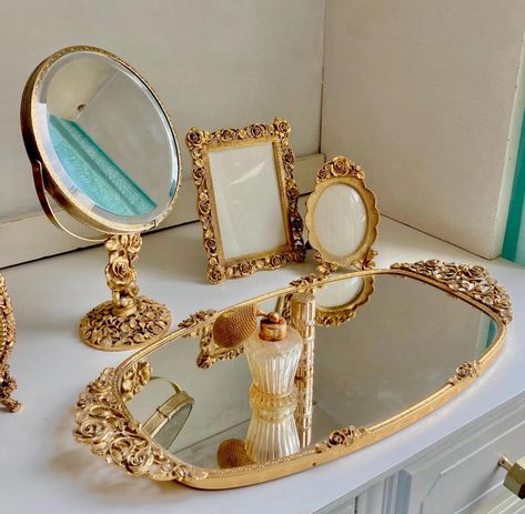 Vintage 1960s Gold-tone Vanity Items, Gilt Floral Patterns, CHOOSE From Perfume Trays, Double Sided Swivel Mirror, Frames, Dishes - Etsy Freshman Wallpaper, Vintage Antique Aesthetic, Luxurious Vanity, Perfume Trays, Vintage Vanity Decor, Perfume Vanity, Table Top Accessories, Swivel Mirror, Tall Mirror