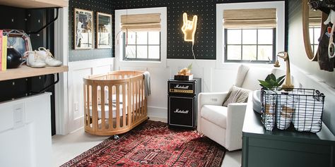 Rock-'n-Roll nursery theme Rock Music Nursery, Punk Nursery Ideas, 90s Theme Nursery, Punk Rock Nursery Ideas, Rock Nursery Theme, Edgy Nursery Ideas, Punk Rock Nursery, Rock And Roll Nursery Theme, Black Wallpaper Neon