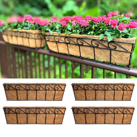 PRICES MAY VARY. QUANTITY & SIZE : 4 pack of 24 inch rectangle black metal wall mount hanging planters basket come with coco liner. Product Size : 24"X6.5"X5.5"(H) BEST MATERIAL : Our flower hanging basket is made of metal material with anti-rust coating with black paint, which is harmless and can be used in all seasons. High-quality materials with smooth surfaces, edges and curves ensure your child's safe play EASY TO USE : These rail planters do not come with wall brackets. It can be used and Hanging Basket On Mailbox, Rail Planters, Hanging Planters Outdoor, Metal Balcony, Deck Decor, Box Window, Flower Hanging, Garden Deck, Wall Hanging Basket