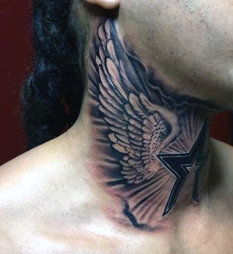 Mens Wing Tattoo On Upper Neck Neck Tattoo With Wings, Wing Throat Tattoo, Wings On Throat Tattoo, Throat Sleeve Tattoo, Wings Throat Tattoo, Wing Tattoo Neck, Wings Neck Tattoo Men, Angel Wings Neck Tattoo, Wings Neck Tattoo