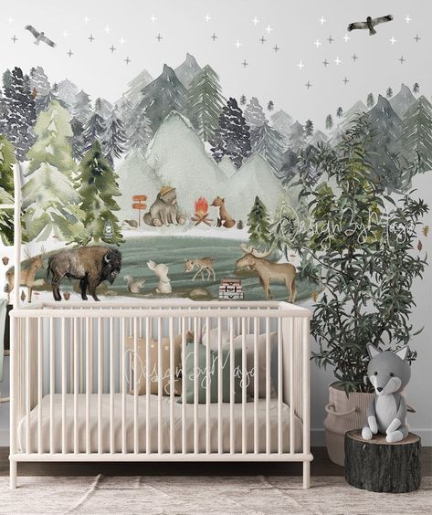 National Park Nursery, Winter Pine Trees, Forest Nursery Decor, Bilik Permainan, Animal Decals, Wall Clings, Mountain Decal, Girls Playroom, Sweet Nursery