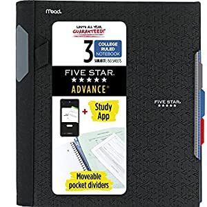 Five Star Advance Spiral Notebooks, 3-Subject, College Ruled Paper, 11" x 8-1/2", 150 Sheets, With Spiral Guard and Movable Dividers, Black Five Star Notebook, Notebook Study, College Ruled Paper, Spine Labels, Highlighters Markers, Ruled Paper, Ruled Notebook, Office Paper, Spiral Notebooks