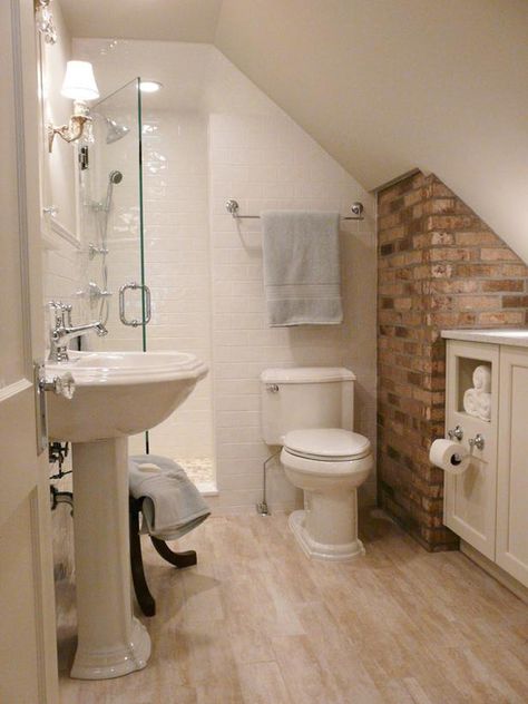 Love the toilet by the shower above garage. Window must be dormer style. Attic Bathroom, Bathroom Design Ideas, Bonus Room, Bathroom Ideas, Bathroom Design, Design Ideas, Ceiling, Wood, White