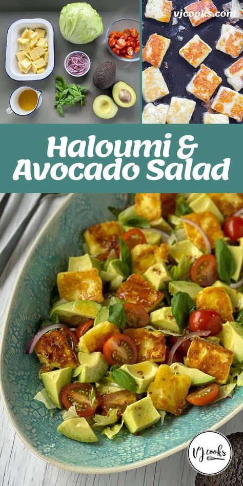 A tasty salad made from fried haloumi and creamy avocado mixed with iceberg lettuce, tomato and red onion in a honey mustard dressing. The protein filled haloumi means this can easily be a stand alone meal, or a side dish. This salad will keep well in the fridge for up to three days making it ideal for meal prep. #vjcooks #haloumisalad #avocado Haloumi Salad Ideas, Vj Cooks, Homemade Honey Mustard, Recipes Salads, Salads Recipes, Red Onion Salad, Honey Mustard Dressing, Cold Dishes, Iceberg Lettuce