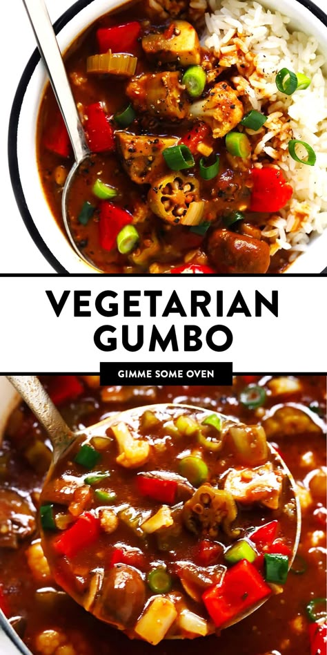 This Vegetarian Gumbo recipe is easy to make, it's made with LOTS of hearty veggies, and full of the best zesty Creole flavors. Feel free to serve this gumbo recipe over rice, quinoa, noodles or whatever sounds good! | gimmesomeoven.com #gumbo #creole #cajun #soup #stew #dinner #mardigras #mealprep #vegetarian #freezermeals Vegetarian Gumbo Recipe, Cajun Soup, Vegan Gumbo, Vegetarian Gumbo, Stew Dinner, Vegan Soul Food, Soup Stew Recipes, Cajun Creole Recipes, Seafood Gumbo