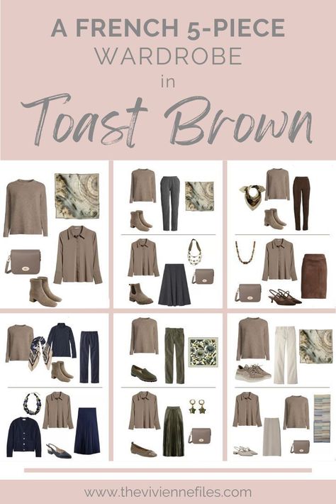 A French 5-Piece Wardrobe in Toast Brown  - Can I wear toast brown with my current clothes? Black Capsule Wardrobe, Brown Cashmere Sweater, Ivory Pants, Silk Slip Skirt, The Vivienne Files, Vivienne Files, Core Wardrobe, Black Wardrobe, Wardrobe Planning