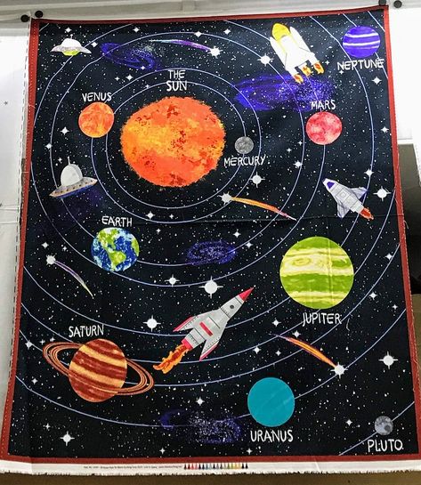 Planet Quilt Patterns, Outer Space Quilts Ideas, Outer Space Quilt Pattern, Moon Phase Quilt Pattern, Outer Space Quilt, Planets Quilt, Space Baby Quilt, Space Quilt, Moon Quilt