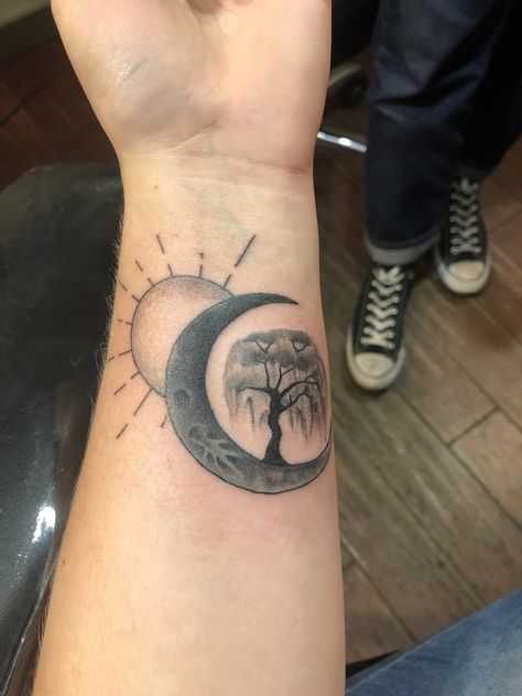 Meaning of the sun and moon: rebirth, strength, and power; Meaning of the willow tree: my name which is Shelby. Moon And Tree Tattoo, Tree With Moon Tattoo, Tree Moon And Stars Tattoo, Moon Trees Tattoo, Sun Moon Tree Tattoo, Weeping Willow Tree Tattoo, Willow Tree Tattoo, Tree Tattoo Chest, Weeping Willow Tattoo