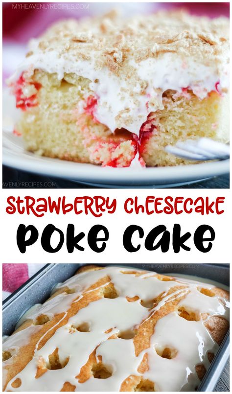 Potluck Cake Recipes, Valentine Poke Cake, Strawberry Cream Cheese Poke Cake, Cheesecake Poke Cake Recipes, Cherry Cheesecake Poke Cake, Easy Desserts For Bbq Party, Summer Cake Mix Desserts, Poke Cupcake Recipes, Gluten Free Poke Cake