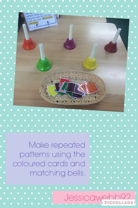 Create a repeating pattern using the coloured cards and then follow the pattern using the bells. EYFS Music Eyfs, Early Years Pattern Activities, Repeated Patterns Eyfs, Pattern Activities Eyfs, Patterns Eyfs Maths, Patterns Eyfs, Repeating Patterns Eyfs, Pattern Eyfs Maths, Reception Maths