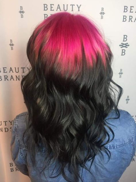 My friend is a cosmetologist and wanted to experiment with colored roots leading to a normal hair color and so I had to volunteer Colored Roots Dark Hair, Pink On Top Black On Bottom Hair, Rainbow Roots Black Hair, Hot Pink Roots With Black Hair, Dyed Roots Curly Hair, Pink Roots Hair, Coloured Roots On Black Hair, Black Hair Colored Roots, Hot Roots Hair