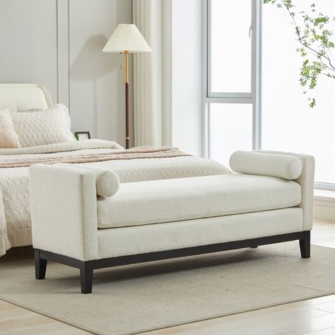 Bedroom Bench with Pillows and Solid Wood Legs for Living Rooms and Entryway - On Sale - Bed Bath & Beyond - 41057461 Bench With Pillows, Pillows For Bedroom, Bench With Arms, End Of Bed Seating, Boucle Ottoman, Bench For Bedroom, Bed Ottoman Bench, Accent Bench, End Of Bed Bench