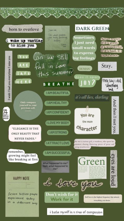 green quotes (not all of these are green, most of them are just giving green) Green Words, Aesthetic Designs For Journals Printable Green, Green Is My Favorite Color Quotes, Green Notes, Green Scrapbook Aesthetic, Green Aesthetic Stickers, Green Journaling, Green Scrapbook Design, Green Aesthetic Journal