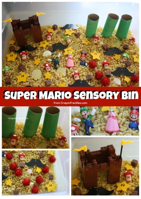 Super Mario Sensory Bin!  Super fun sensory bin to spark imaginative play in older preschooler and school-agers alike! Super Mario Dramatic Play, Super Mario Sensory Bin, Mario Classroom, Princess Toadstool, Sensory Tubs, Mario Bros Birthday, Super Mario Birthday Party, Mario Birthday Party, Super Mario Birthday