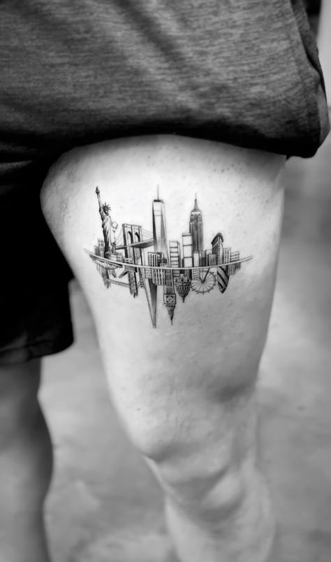 Queens New York Tattoo, City Scape Tattoo, San Francisco Skyline Tattoo, Brooklyn Tattoo Ideas, New York Tattoo Ideas, London Skyline Tattoo, Nyc Skyline Tattoo, View Tattoo, Tattoo New York