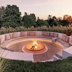 Round Sunken Fire Pit, Fire Pit Sunken, In Ground Fire Pit, Outdoor Fire Pit Seating, Sunken Fire Pits, Fire Pit Seating Area, Outside Fire Pits, Fire Pit Art, Deck Fire Pit