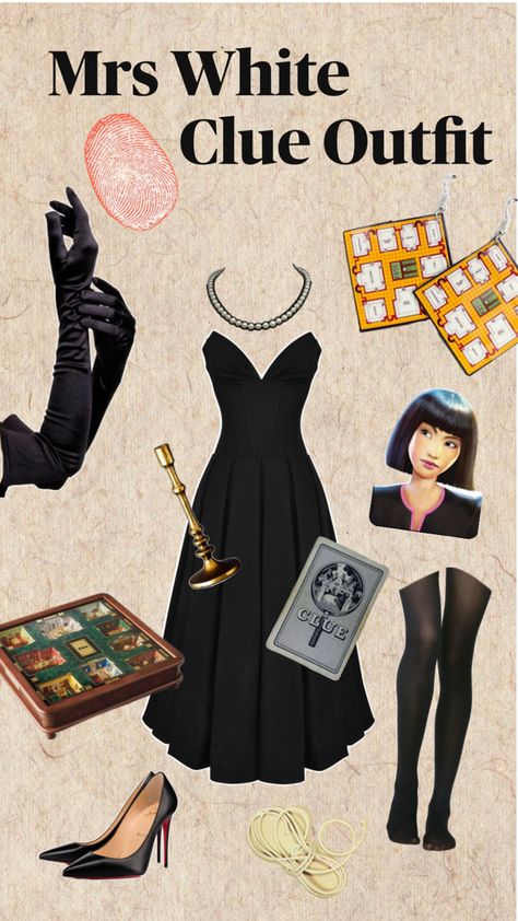 An outfit inspired by Mrs White from the Clue Board Game. A classy and elegant look paired with earrings to show off your love for the game. Perfect for anyone playing Clue on board game night! Clue Mrs White Costume, Clue Themed Birthday Party Outfits, Clue Game Costumes, Mrs White Clue Costume Ideas, Ms White Clue Costume, Clue Inspired Outfits, Mrs White Clue Costume, Cluedo Costume, Clue Costume Ideas