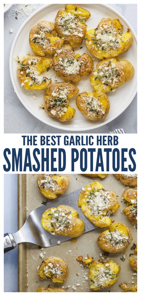 These garlic herb smashed potatoes with a crispy exterior and buttery interior are the perfect side for all your upcoming gatherings. Freshly grated parmesan and fresh thyme really take this easy recipe to the next level! Add red pepper flakes for a kick of heat. #sidedishes #holidaysides #christmasdinner #potatoes #smashedpotatoes #herbgarlic #potatorecipe Smashed New Potatoes, Smash Potatoes, Smashed Red Potatoes, Garlic Smashed Potatoes, Herbed Potatoes, Smashed Potatoes Recipe, Crispy Smashed Potatoes, Quick Side Dishes, Potato Recipes Side Dishes