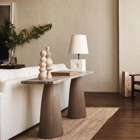 "Diard" Pedestal Leg and Grey Marble Console Table by Christiane Lemieux For Sale at 1stDibs Marble Console Table Entryway, Luxury Console, Console Table Entryway, Wooden Pillars, Console Table Design, Contemporary Console Table, Marble Console Table, Marble Console, Modern Entryway