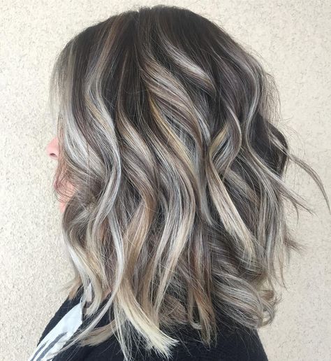 Brown Hair with Blonde and White Highlights Grey Brown Hair, Gray Balayage, Platinum Highlights, Grey Highlights, Blond Balayage, Highlights Blonde, Dark Hair With Highlights, White Highlights, Silver Blonde