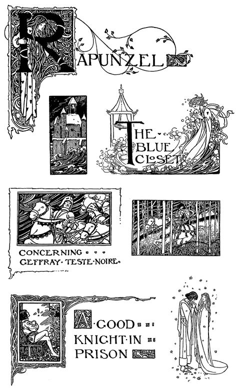 Book Chapter Design Illustrations, Fairytale Lettering, Fairytale Typography, Book Chapter Design, Chapter Illustrations, Florence Harrison, Fairytale Design, Book Illustration Layout, Art Nouveau Illustration