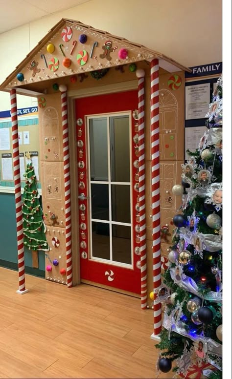 Merry Christmas Classroom Decoration, Door Decorating Christmas Gingerbread House, Christmas Door Ideas School, School Christmas Grotto Ideas, Extreme Christmas Door Decorating Contest, Office Holiday Door, Gingerbread House Office Door Decoration, Office Door Contest Christmas, Christmas Candy Land Door Decorations