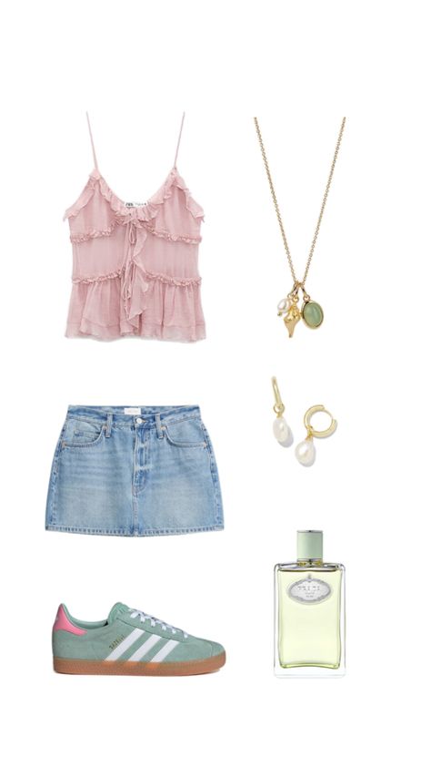 Denim skirt outfit, pink Zara top, Adidas gazelle, gold accessories Gazelles Outfit, Gazelle Outfit, Adidas Gazelle Outfit, Pink Gazelles, Denim Skirt Outfit, Vacation Fits, Gazelle Adidas, Outfit Collages, Denim Jeans Outfit